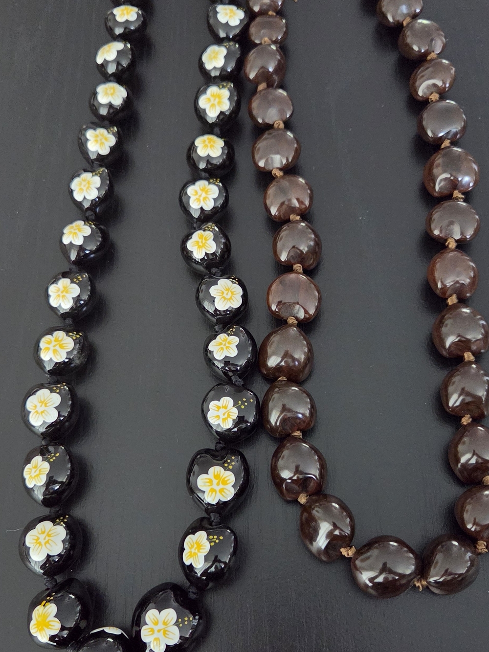 Hawaiian Kukui Lei Necklaces One Brown And One Black Floral Lot Of Two